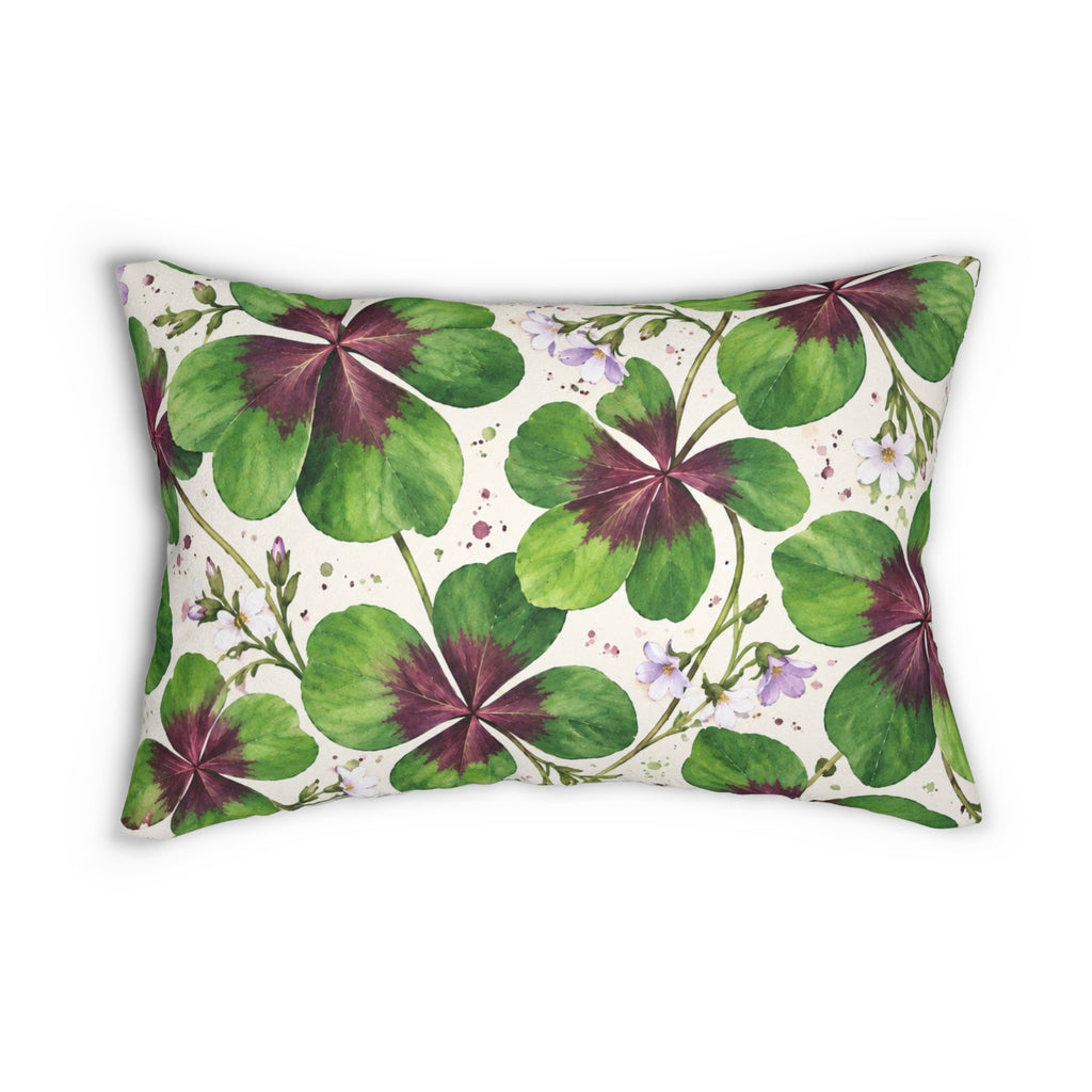 Clover Watercolor Lumbar Pillow — Green Four-Leaf Botanical Accent