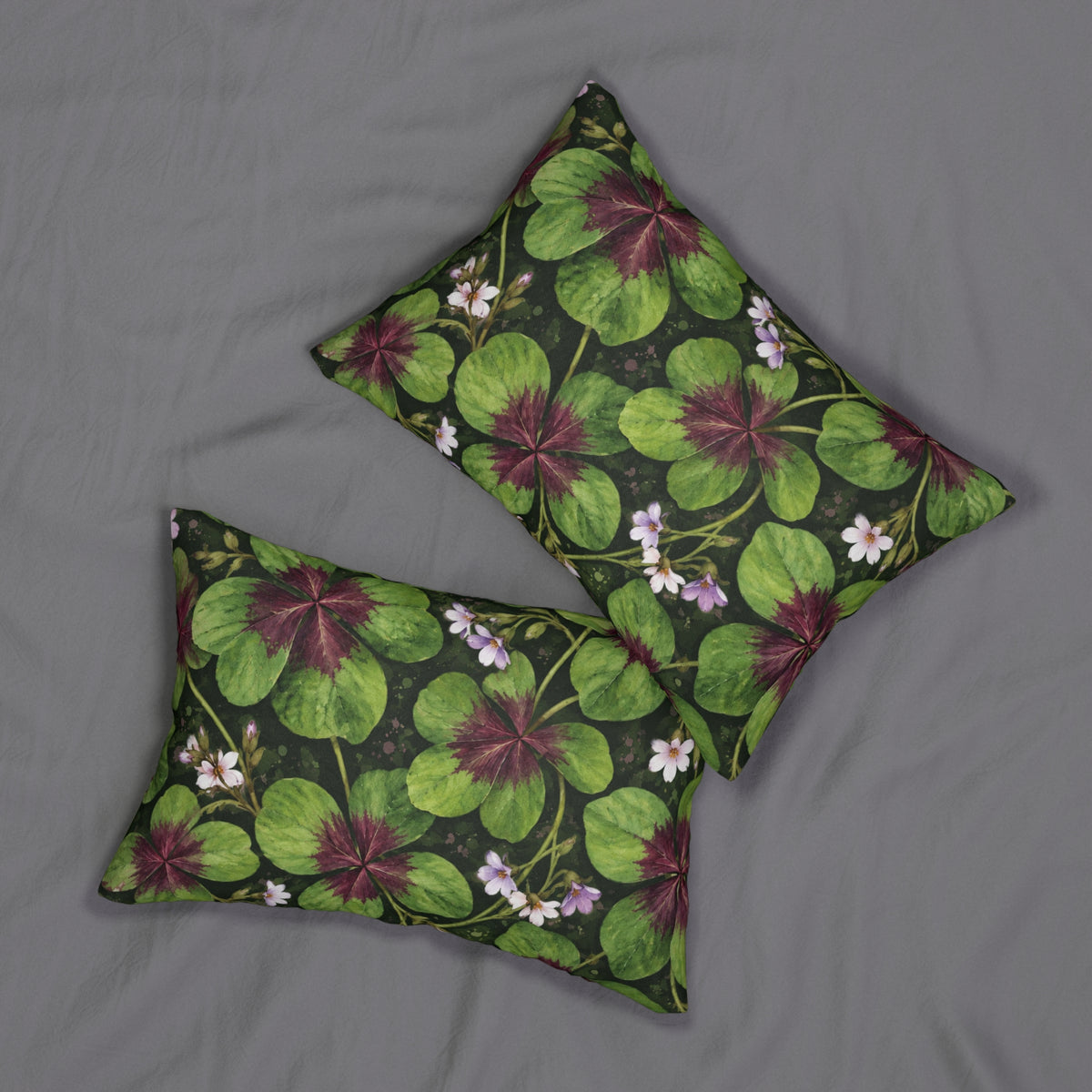 Clover Bloom Lumbar Pillow — Green & Burgundy Botanical Accent