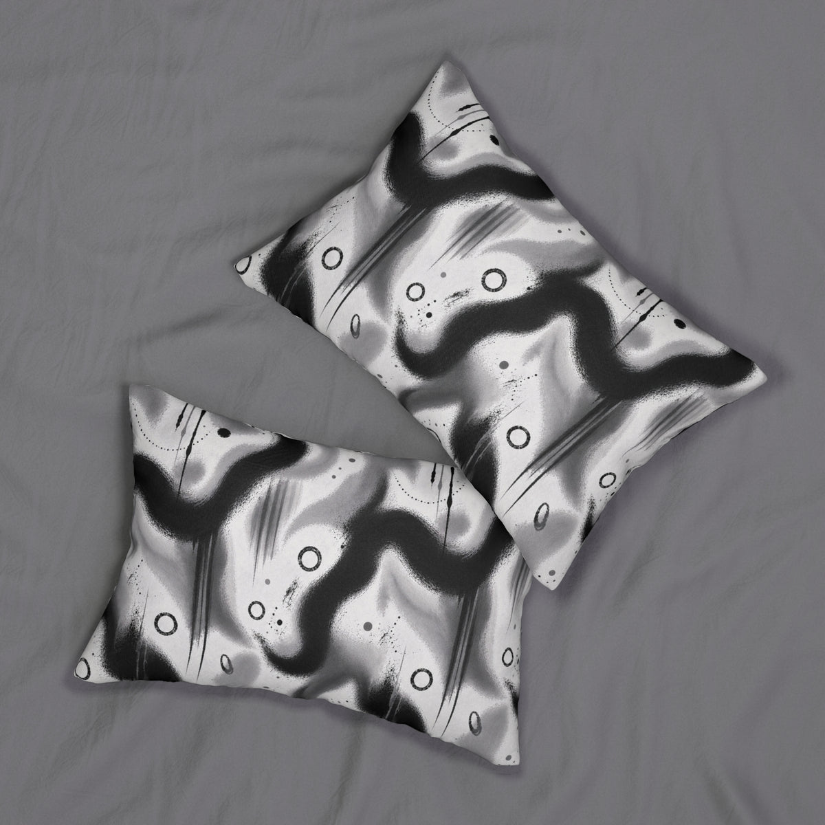 Abstract Black & White Lumbar Pillow — Monochrome Wave Accent Pillow