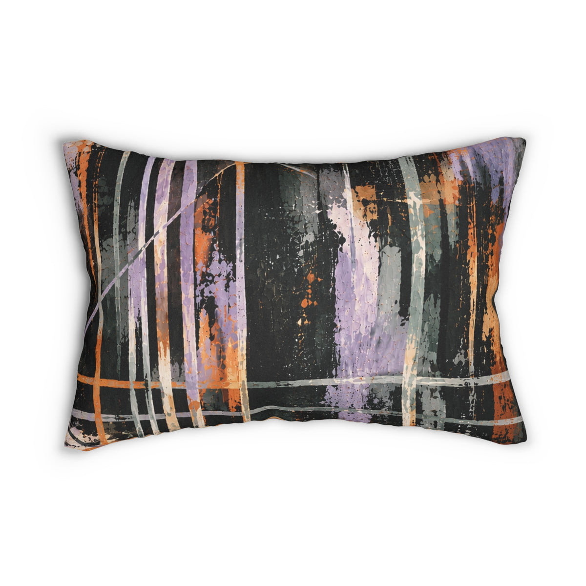 Abstract Brushstroke Lumbar Pillow — Modern Black, Orange & Lilac Accent Cushion
