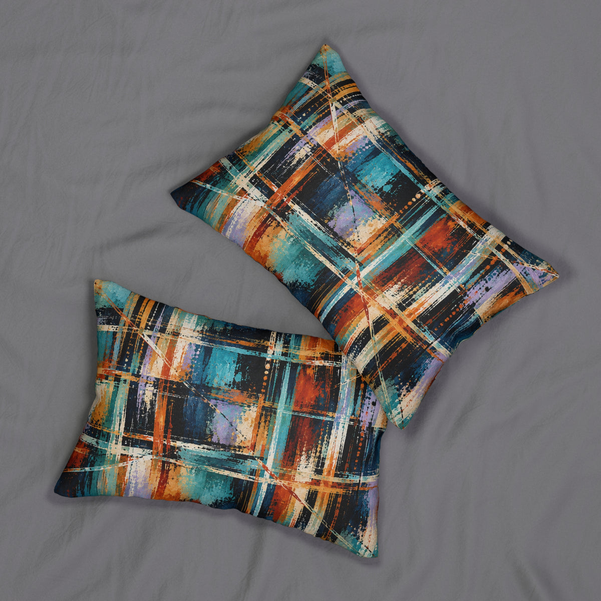 Abstract Plaid Lumbar Pillow — Teal & Rust Modern Accent Pillow