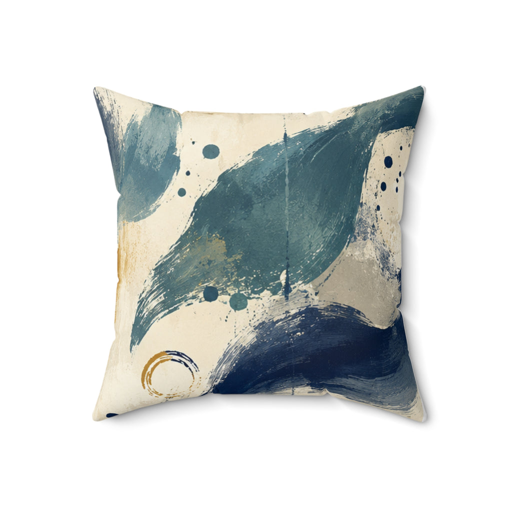 Abstract Coastal Brushstroke Pillow - Blue & Gold Decorative Throw Cushion