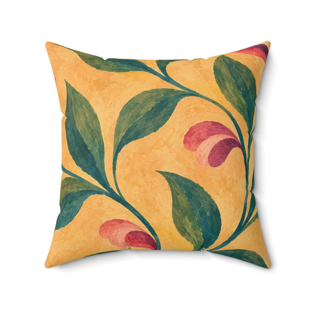 Yellow Botanical Throw Pillow — Handpainted Floral Square Accent Pillow
