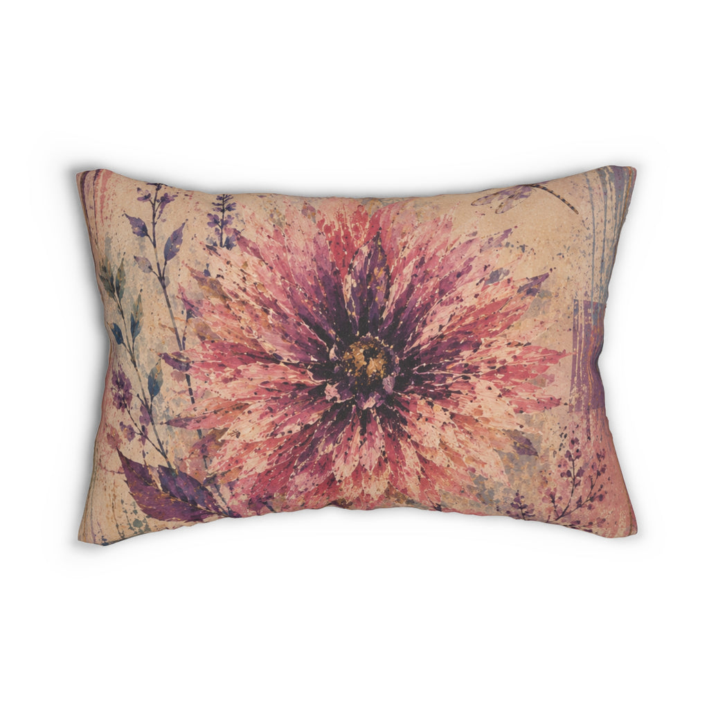 Boho Floral Lumbar Pillow — Watercolor Dahlia Accent Cushion