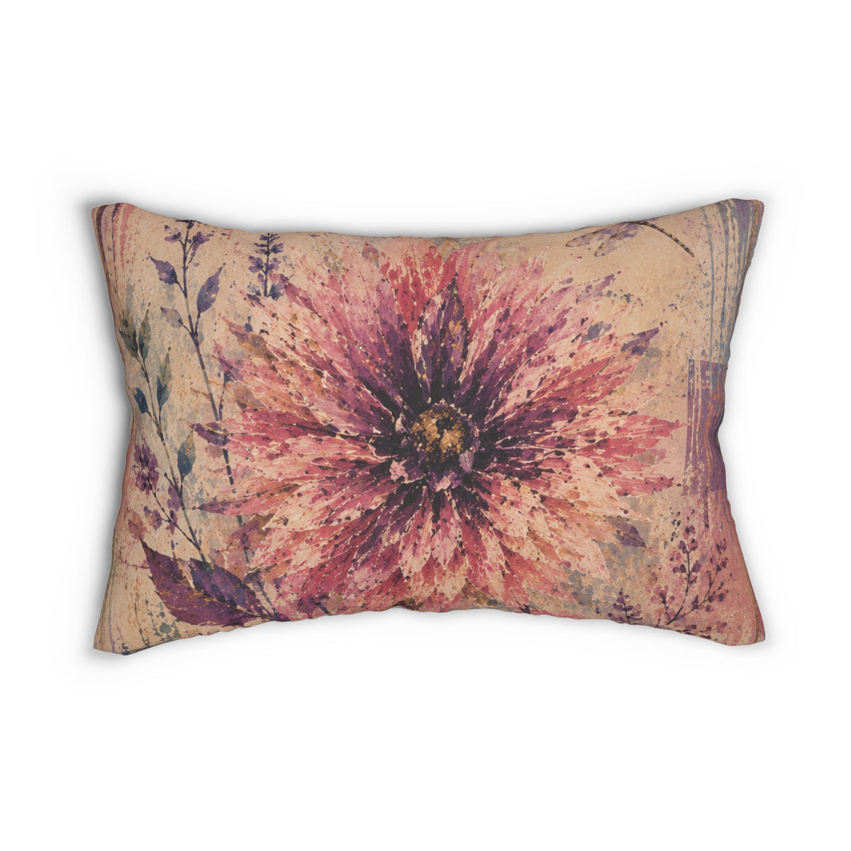 Boho Floral Lumbar Pillow — Watercolor Dahlia Accent Cushion