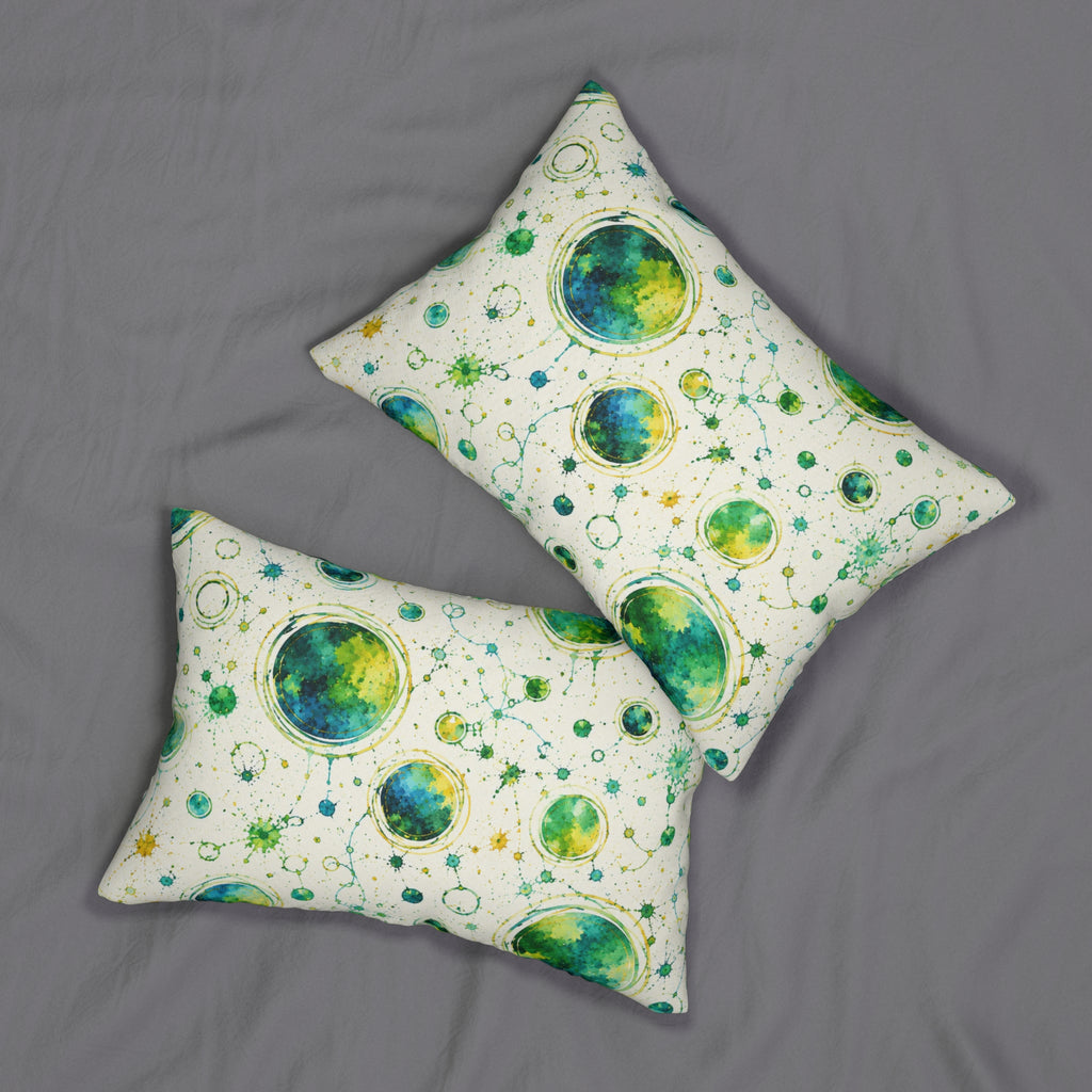 Lumbar Pillow — Green & Teal Watercolor Planets Pattern