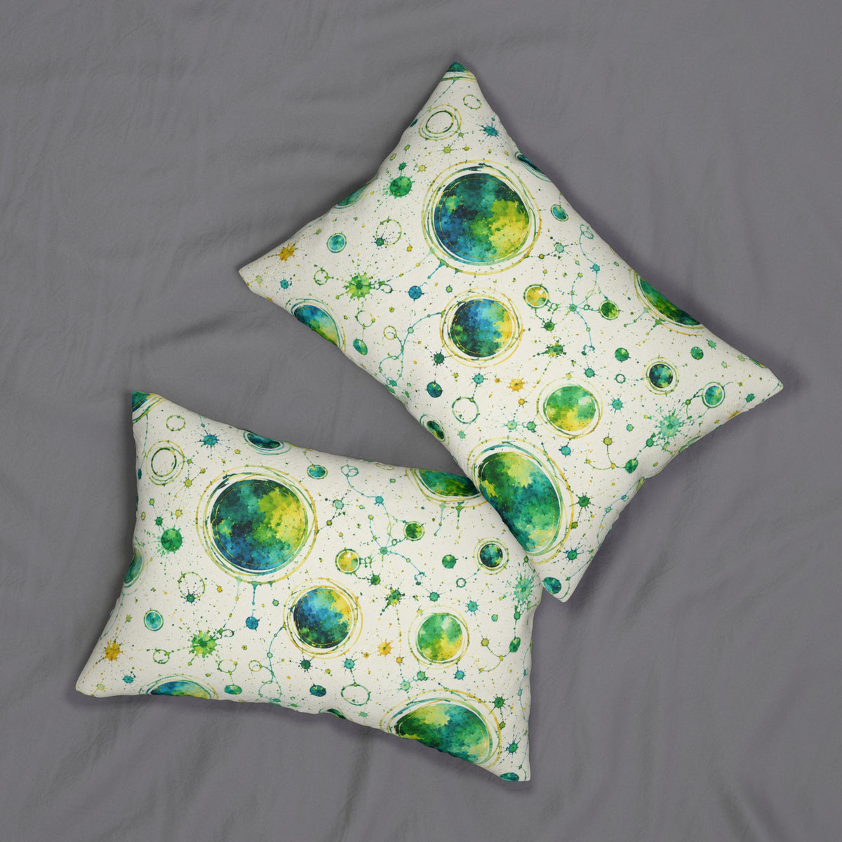 Lumbar Pillow — Green & Teal Watercolor Planets Pattern