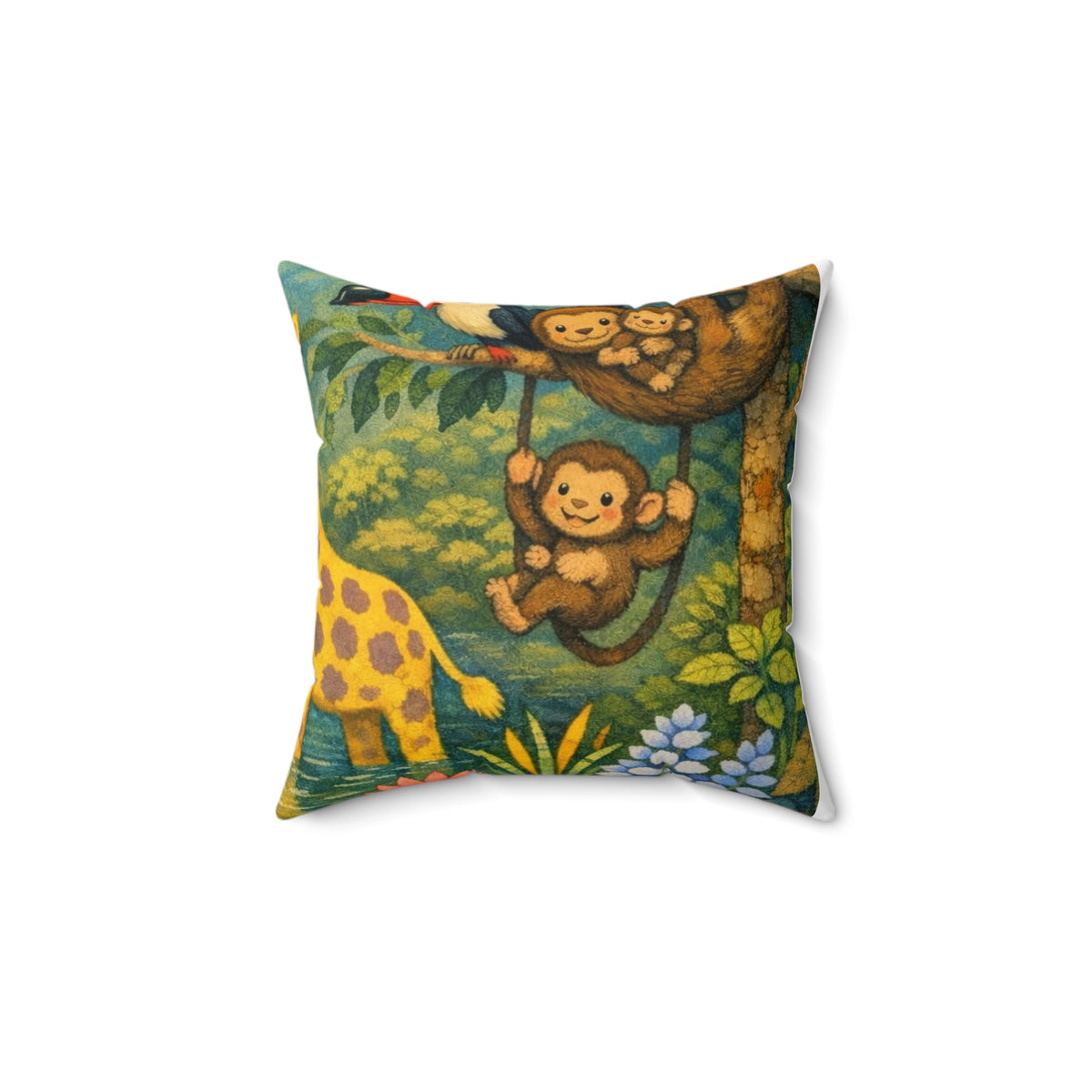Jungle Friends Decorative Pillow — Cute Giraffe, Tiger & Monkey Nursery Throw