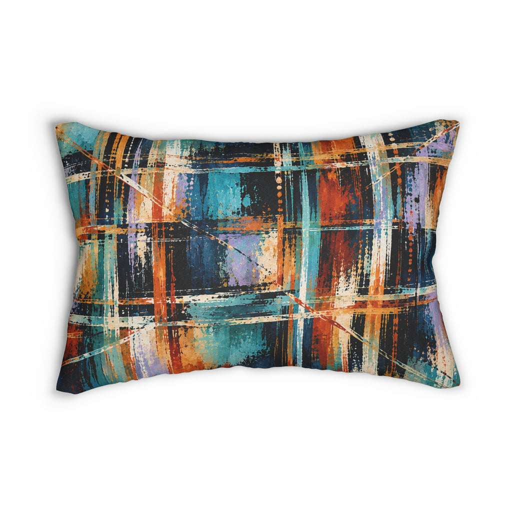 Abstract Plaid Lumbar Pillow — Teal & Rust Modern Accent Pillow