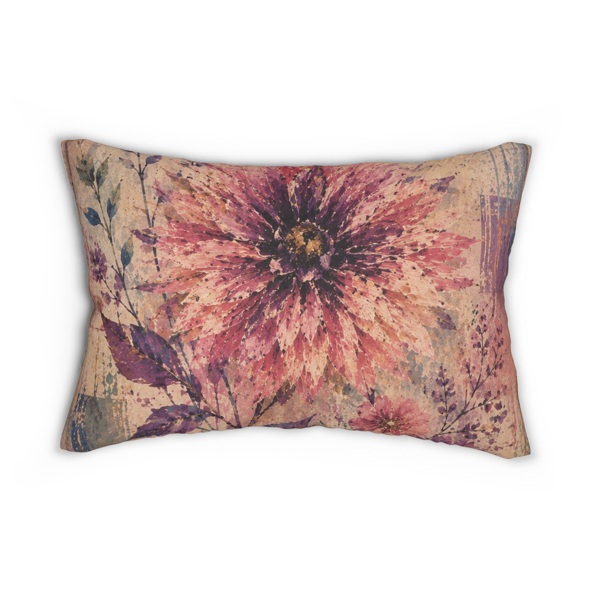 Boho Floral Lumbar Pillow — Watercolor Dahlia Accent Cushion