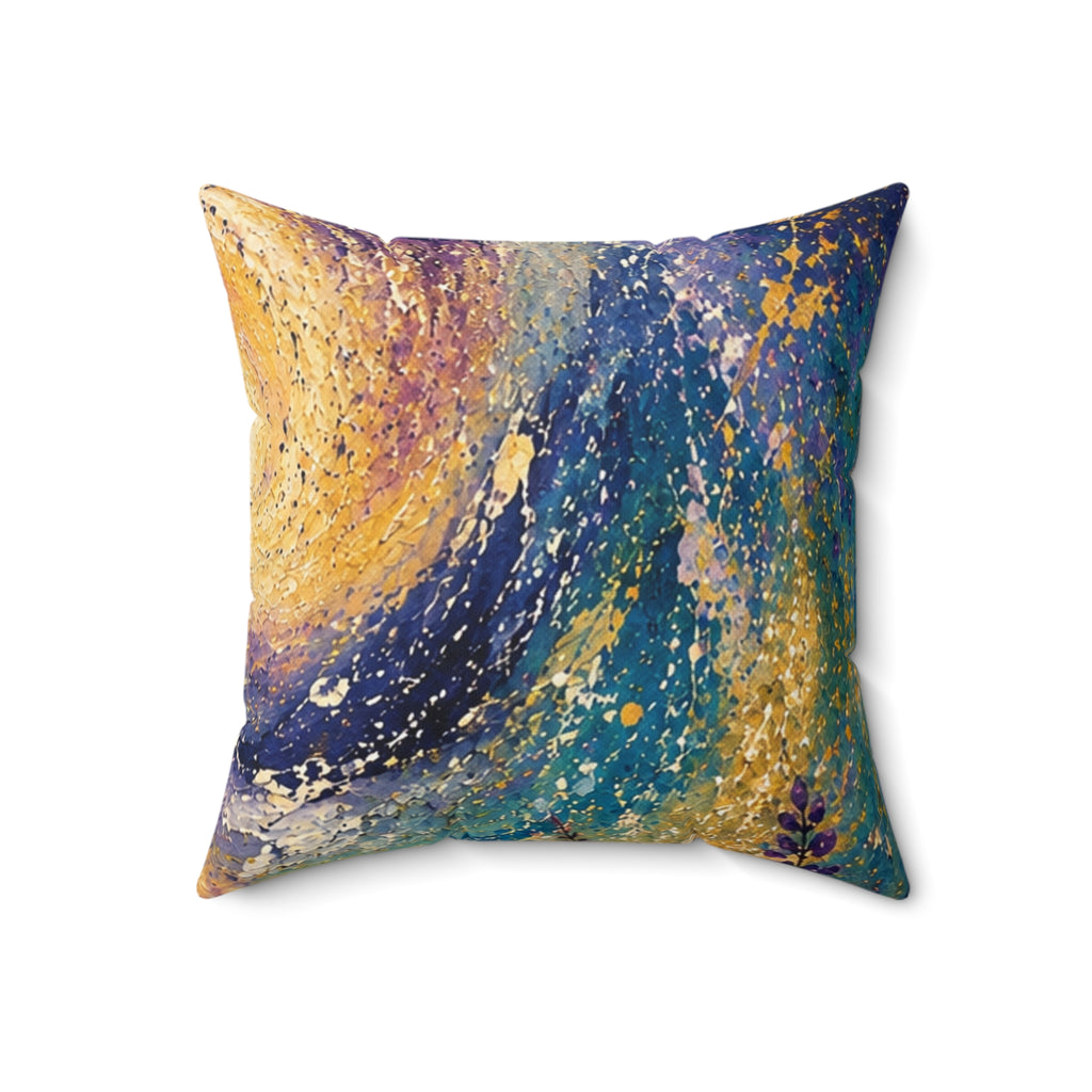 Abstract Galaxy Throw Pillow – Blue & Gold Painted Decorative Cushion