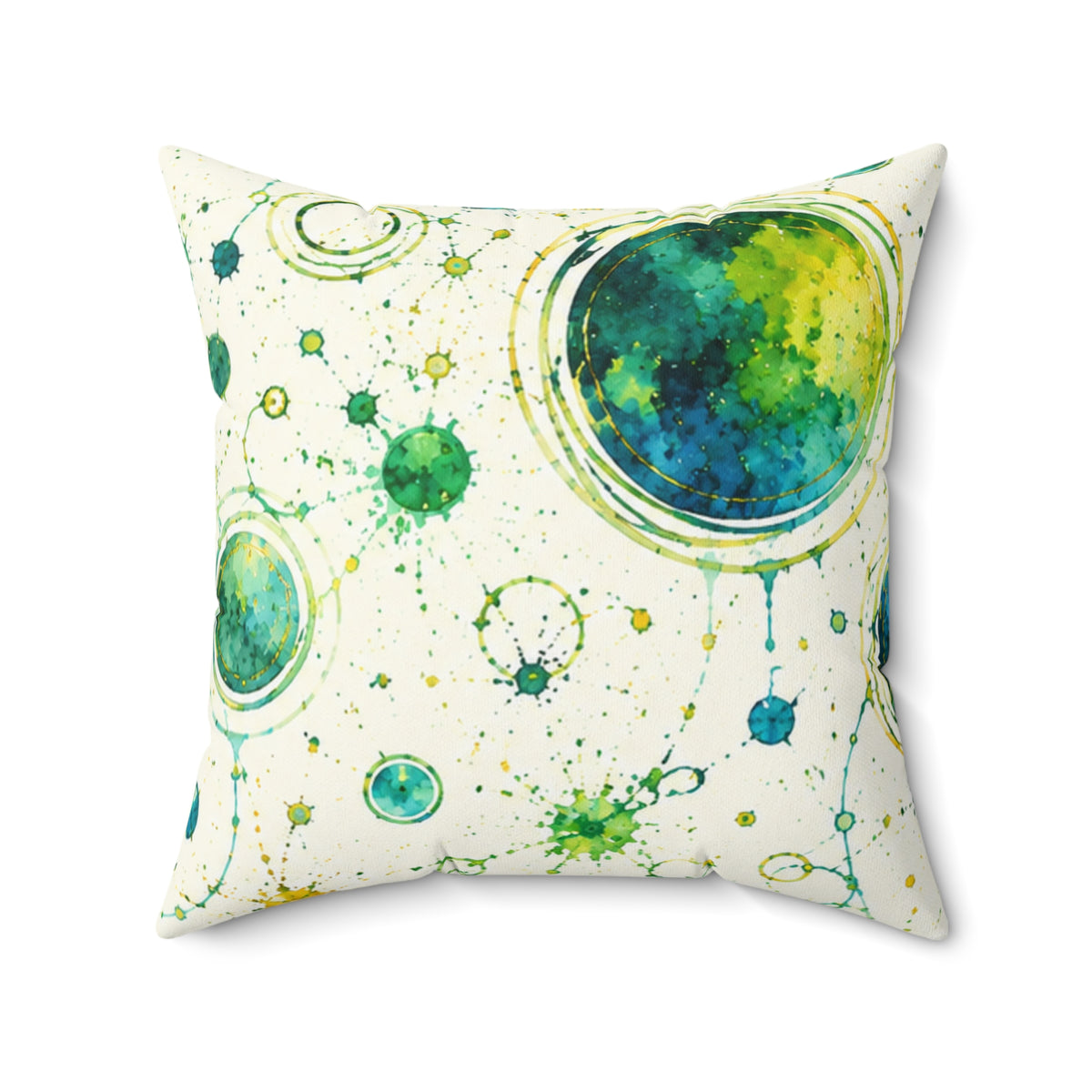 Watercolor Planet Pattern Square Pillow – Green & Teal Orb Decorative Throw Pillow
