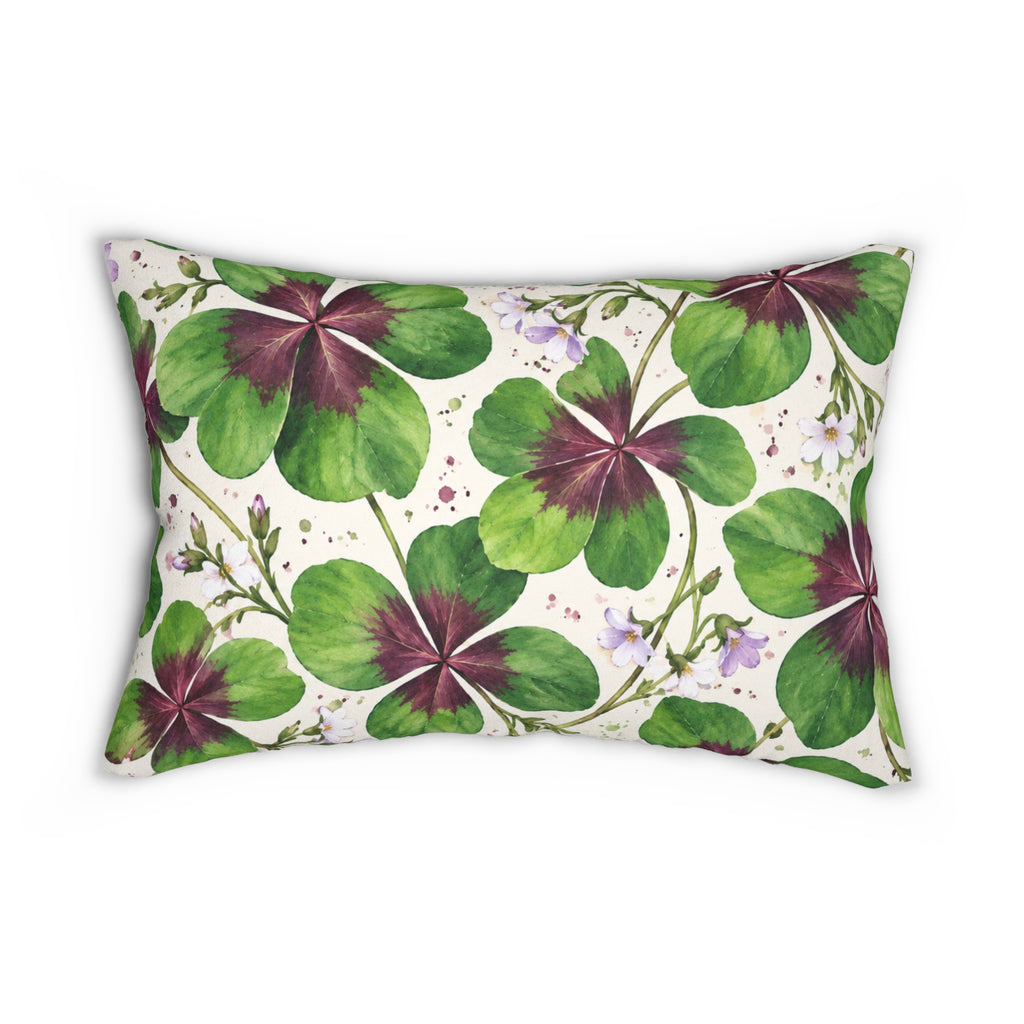 Clover Watercolor Lumbar Pillow — Green Four-Leaf Botanical Accent