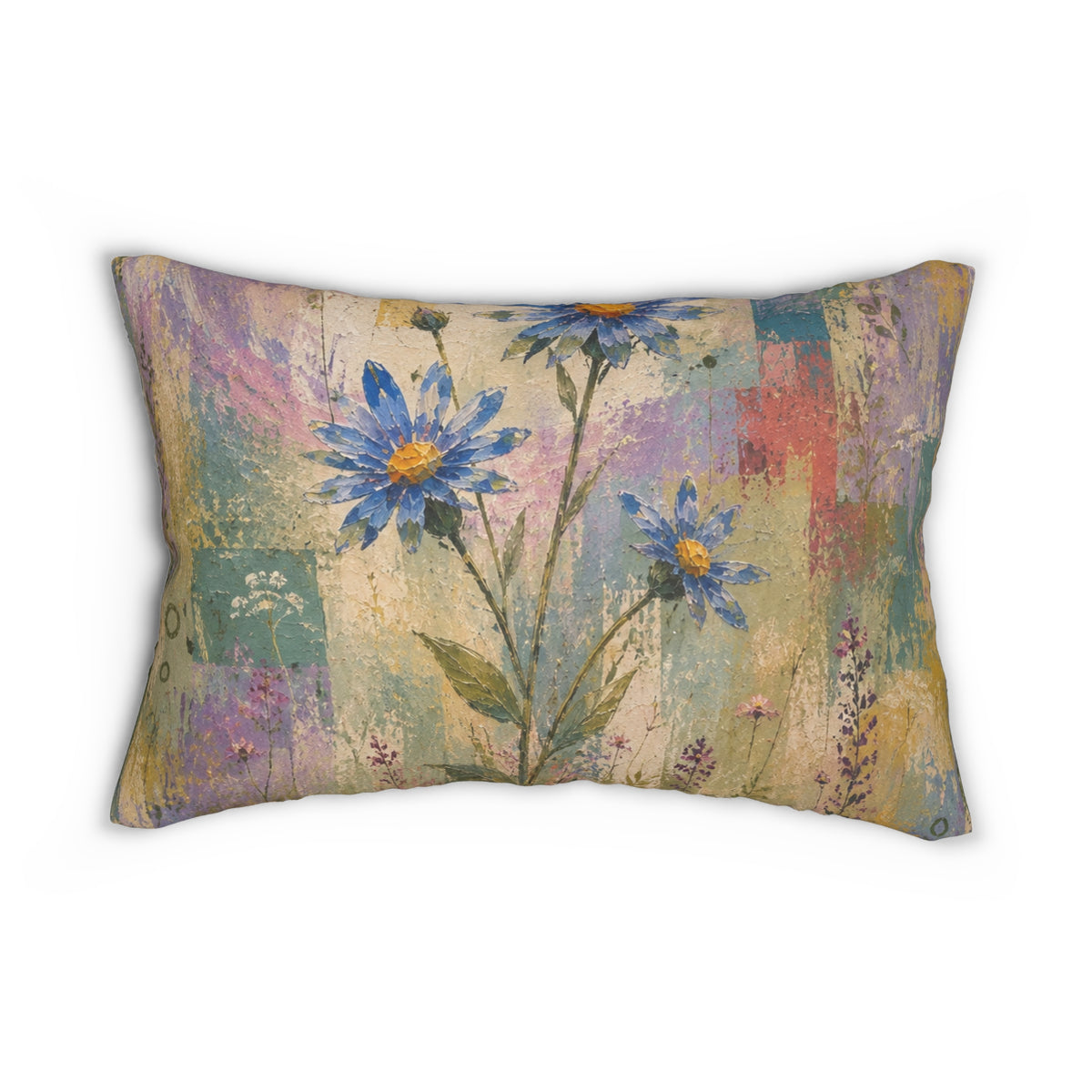 Floral Blue Daisies Lumbar Pillow — Vintage Watercolor Accent