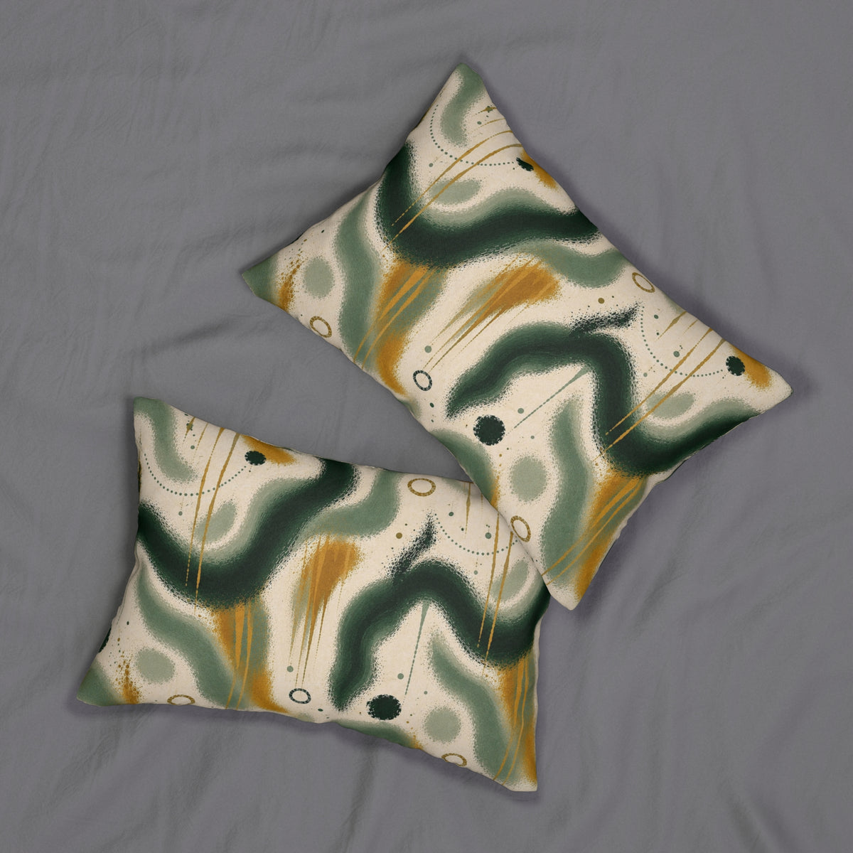 Abstract Green Wave Lumbar Pillow — Modern Midcentury Decorative Accent