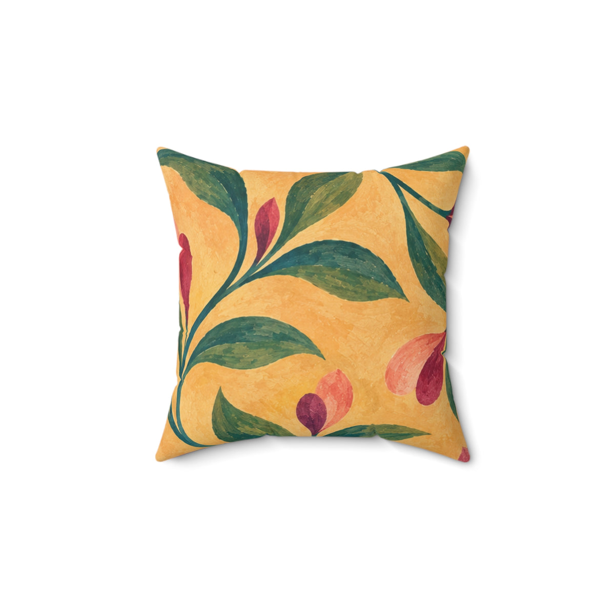 Yellow Botanical Throw Pillow — Handpainted Floral Square Accent Pillow