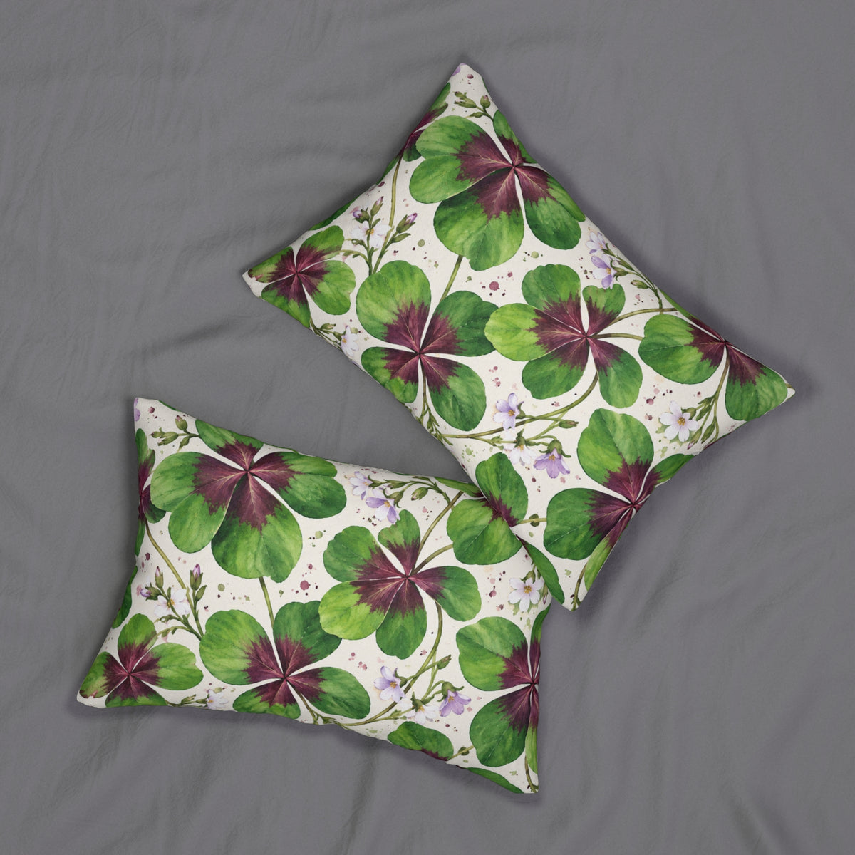 Clover Watercolor Lumbar Pillow — Green Four-Leaf Botanical Accent