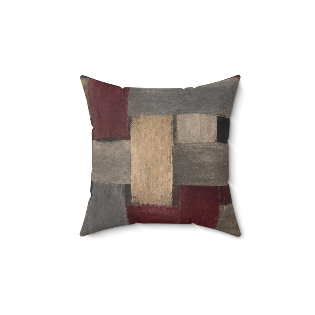 Abstract Woven Blocks Pillow — Neutral & Burgundy Geometric Decorative Throw Pillow