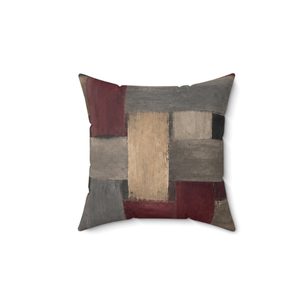 Abstract Woven Blocks Pillow — Neutral & Burgundy Geometric Decorative Throw Pillow