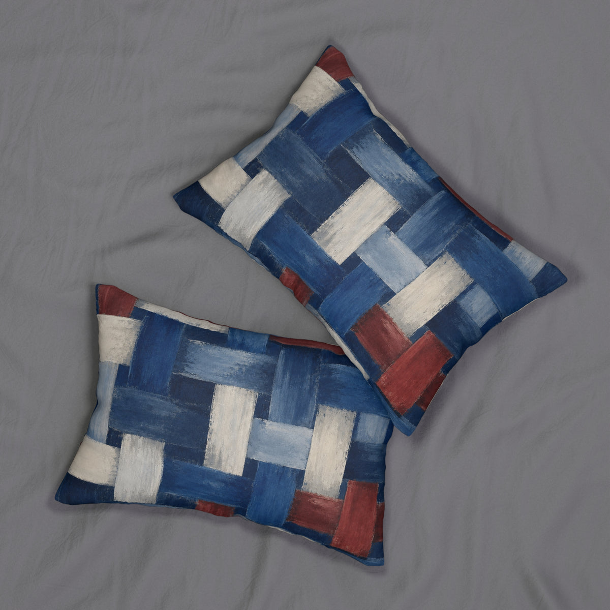 Woven Brushstroke Lumbar Pillow — Patriotic Blue Red Decorative Accent