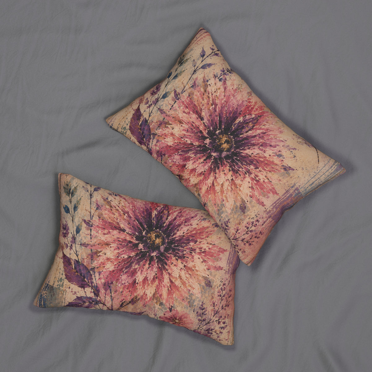 Boho Floral Lumbar Pillow — Watercolor Dahlia Accent Cushion