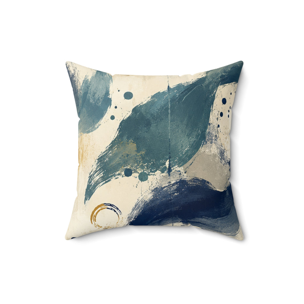 Abstract Coastal Brushstroke Pillow - Blue & Gold Decorative Throw Cushion