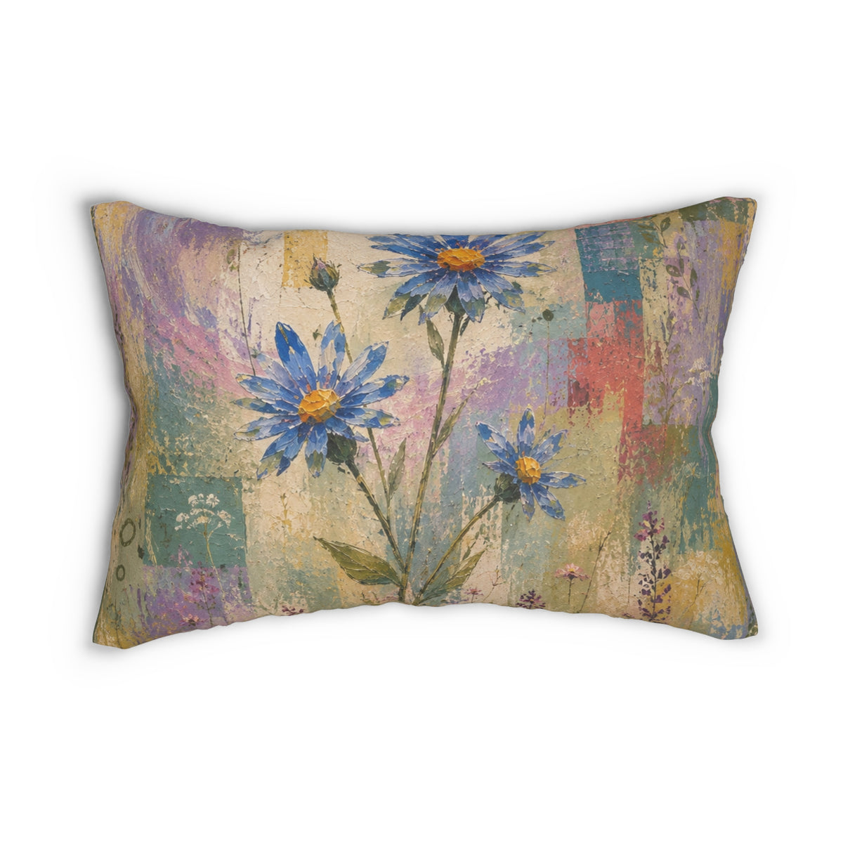 Floral Blue Daisies Lumbar Pillow — Vintage Watercolor Accent