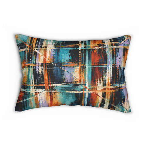 Abstract Plaid Lumbar Pillow — Teal & Rust Modern Accent Pillow