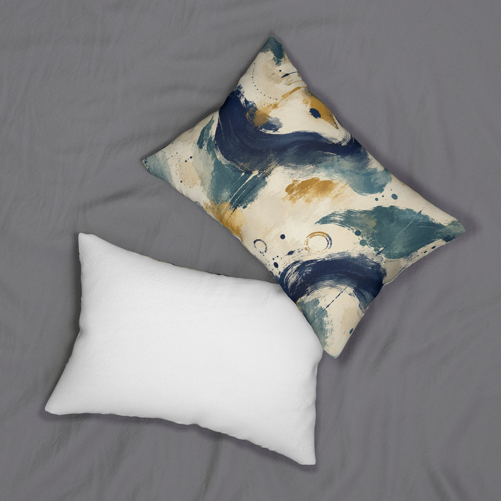 Abstract Coastal Lumbar Pillow — Blue & Gold Watercolor Decorative Cushion