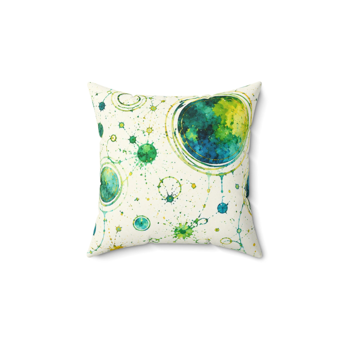Watercolor Planet Pattern Square Pillow – Green & Teal Orb Decorative Throw Pillow
