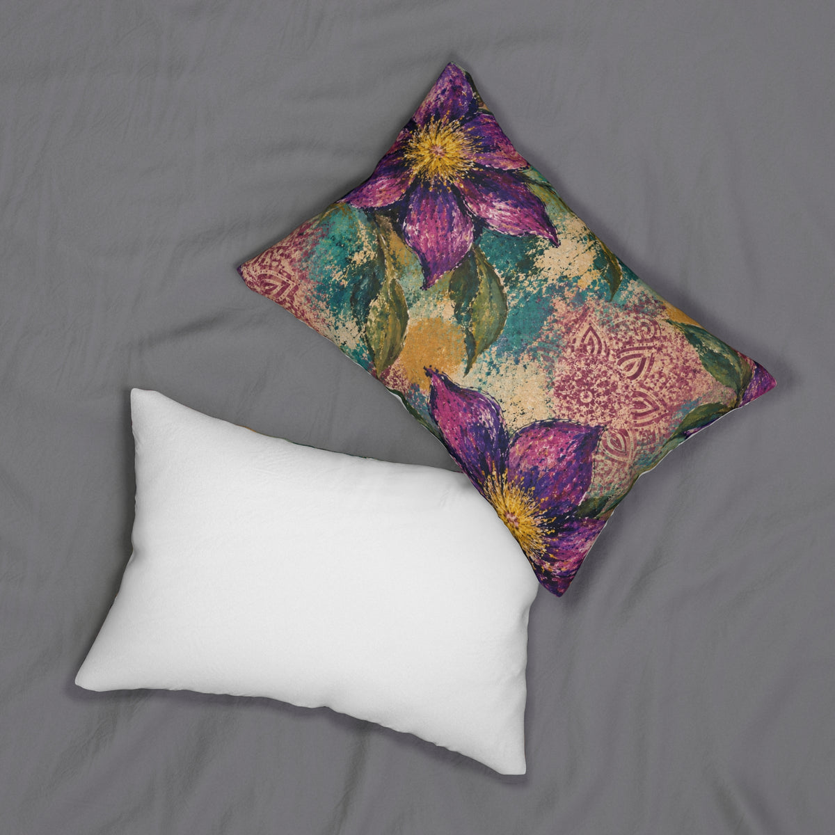Floral Lumbar Pillow — Purple Clematis Garden Accent