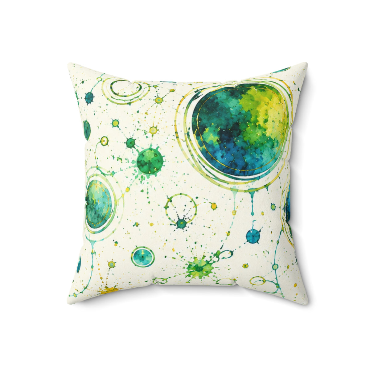 Watercolor Planet Pattern Square Pillow – Green & Teal Orb Decorative Throw Pillow