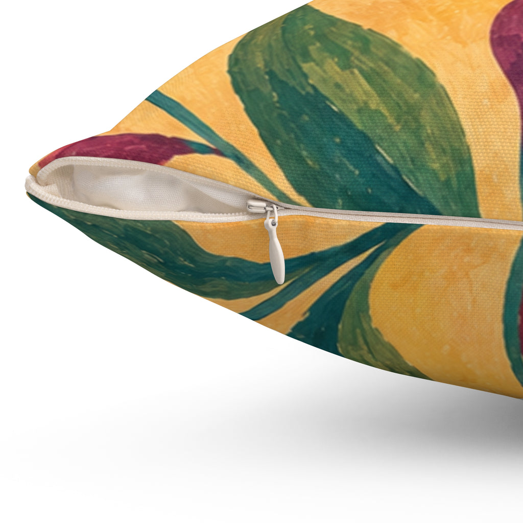 Yellow Botanical Throw Pillow — Handpainted Floral Square Accent Pillow