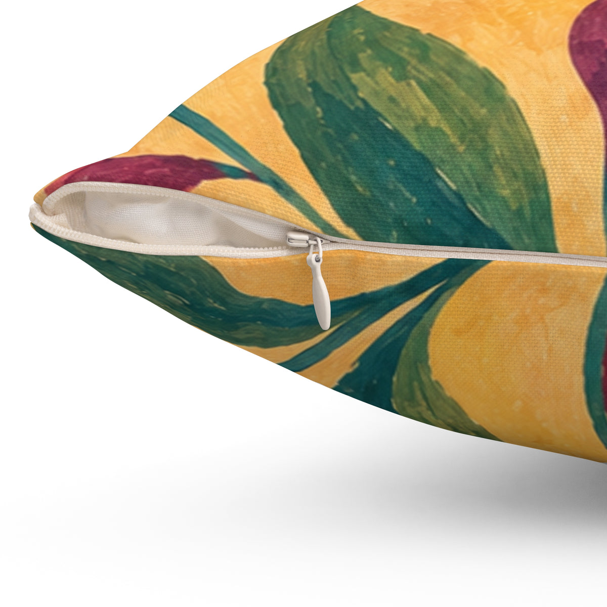 Yellow Botanical Throw Pillow — Handpainted Floral Square Accent Pillow