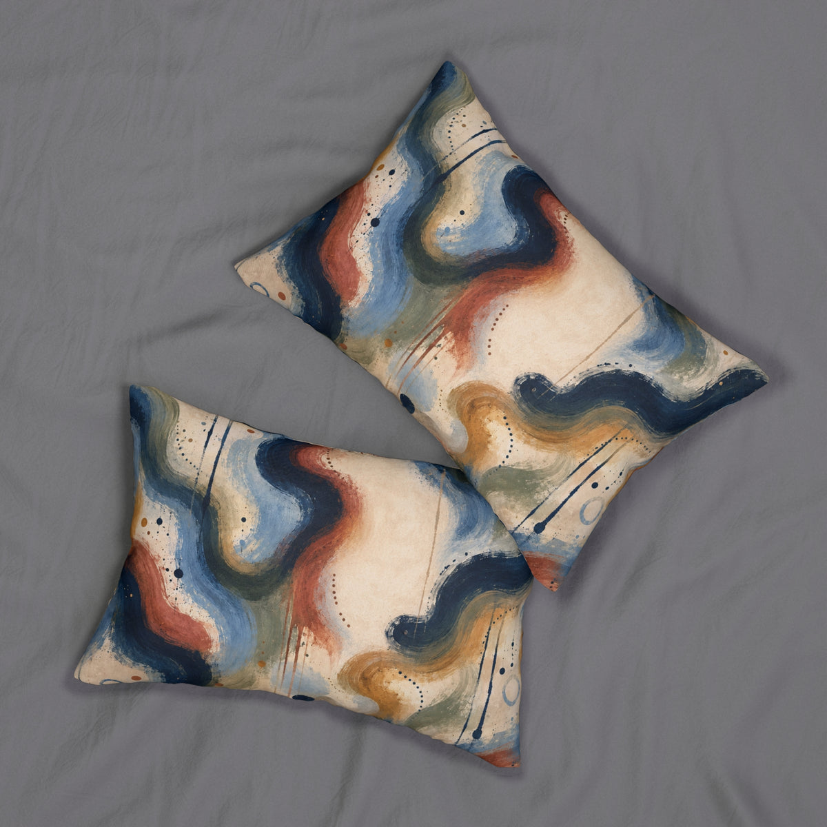 Abstract Watercolor Lumbar Pillow — Blue Rust Wave Decorative Throw Cushion