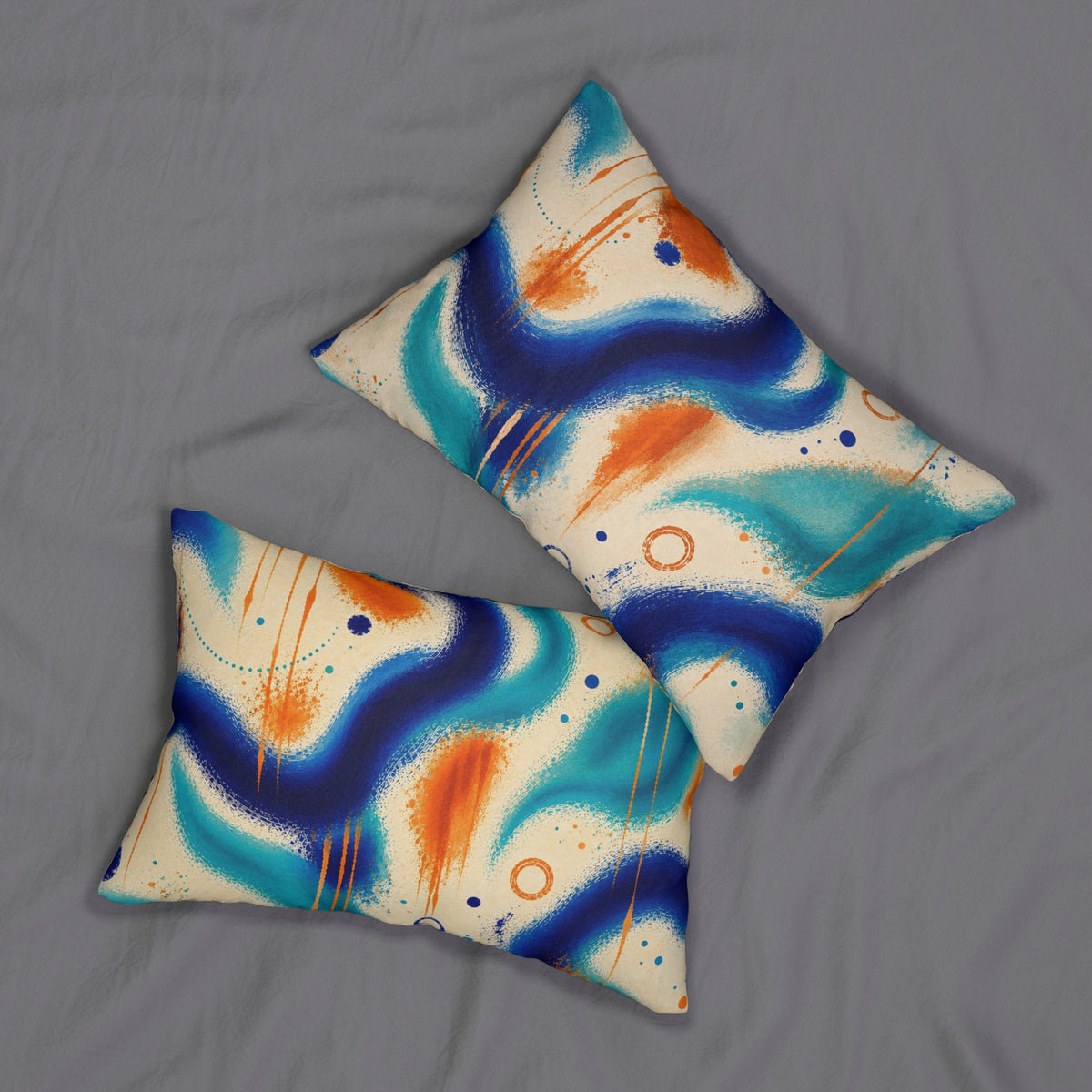 Abstract Ocean Waves Lumbar Pillow — Blue & Orange Brushstroke Decorative Pillow
