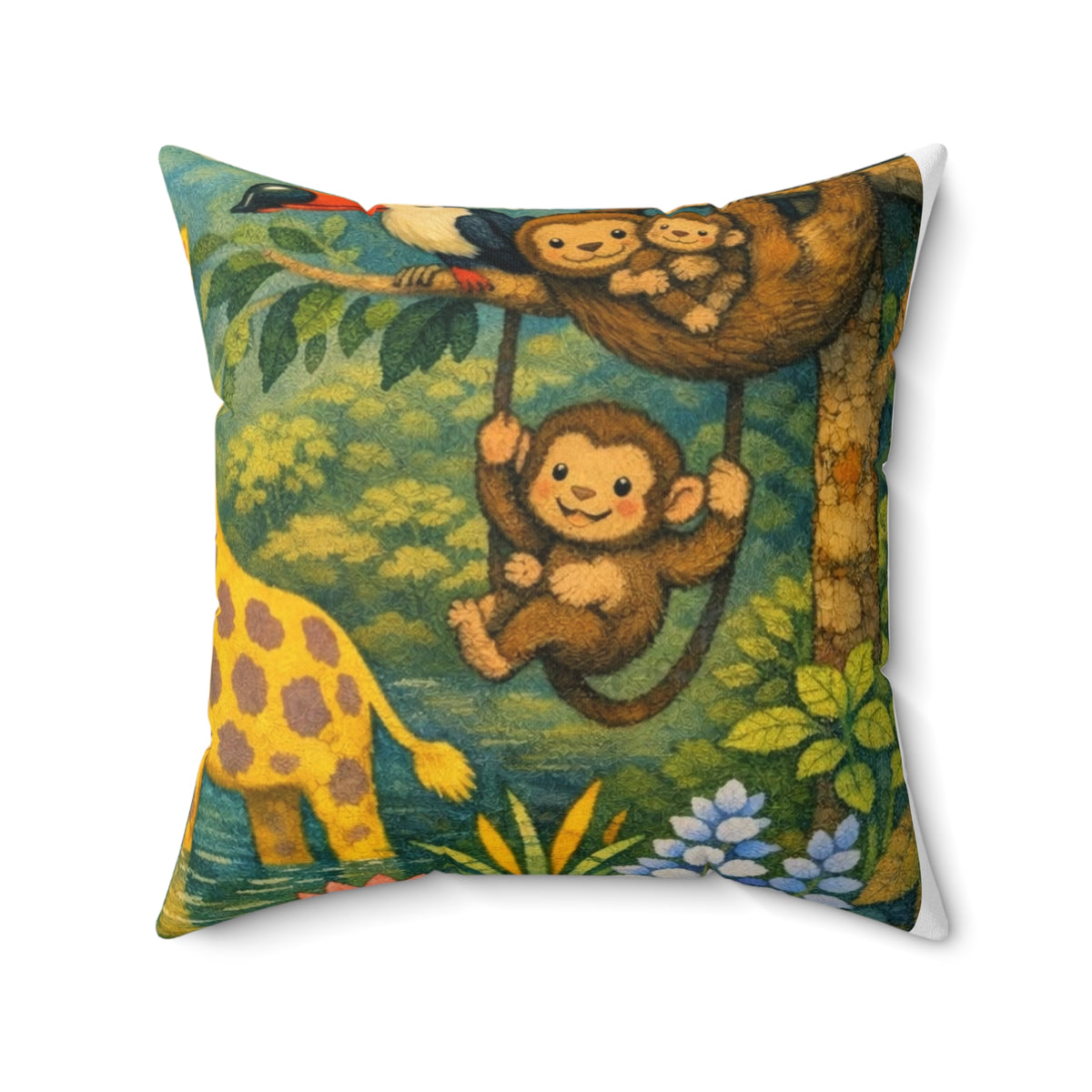 Jungle Friends Decorative Pillow — Cute Giraffe, Tiger & Monkey Nursery Throw