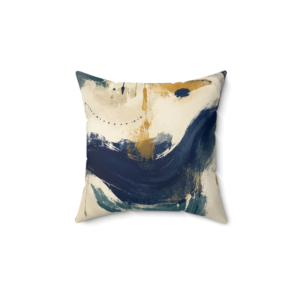 Abstract Coastal Brushstroke Pillow - Blue & Gold Decorative Throw Cushion