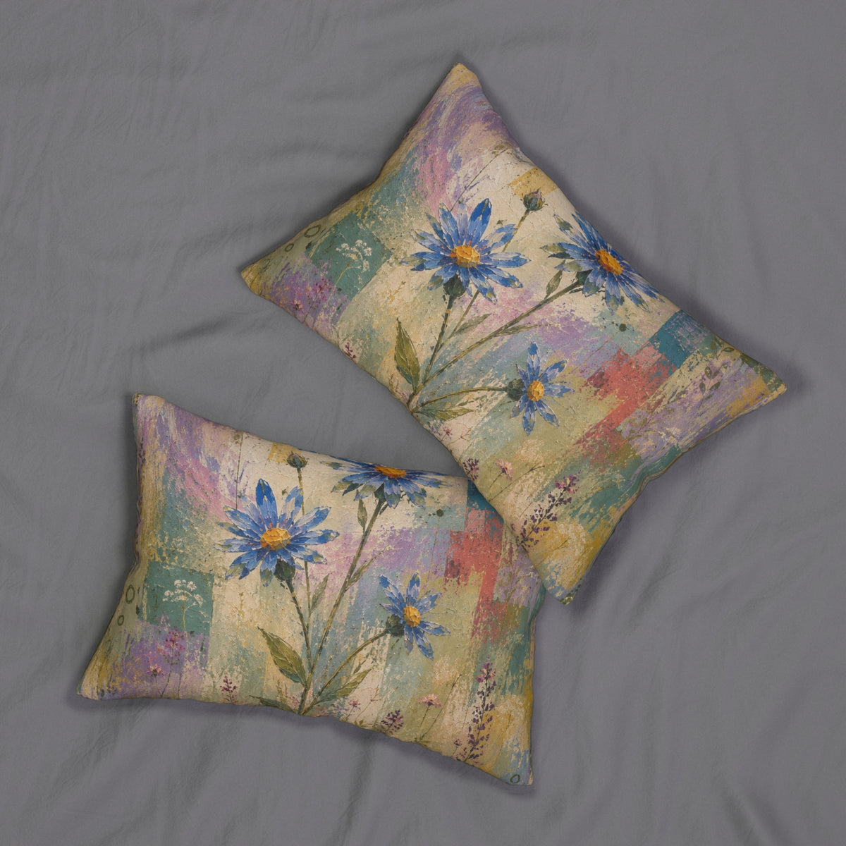Floral Blue Daisies Lumbar Pillow — Vintage Watercolor Accent