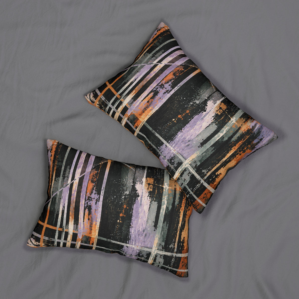 Abstract Brushstroke Lumbar Pillow — Modern Black, Orange & Lilac Accent Cushion