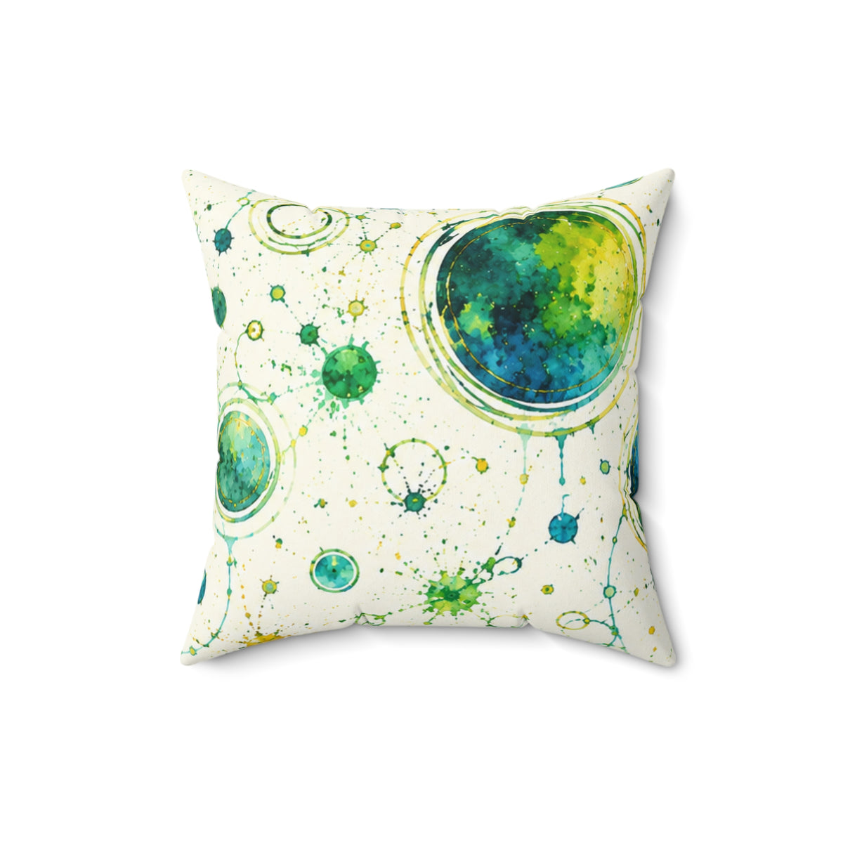 Watercolor Planet Pattern Square Pillow – Green & Teal Orb Decorative Throw Pillow