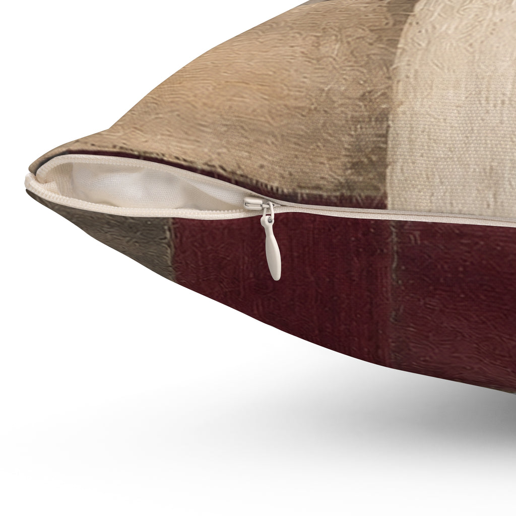 Abstract Woven Blocks Pillow — Neutral & Burgundy Geometric Decorative Throw Pillow